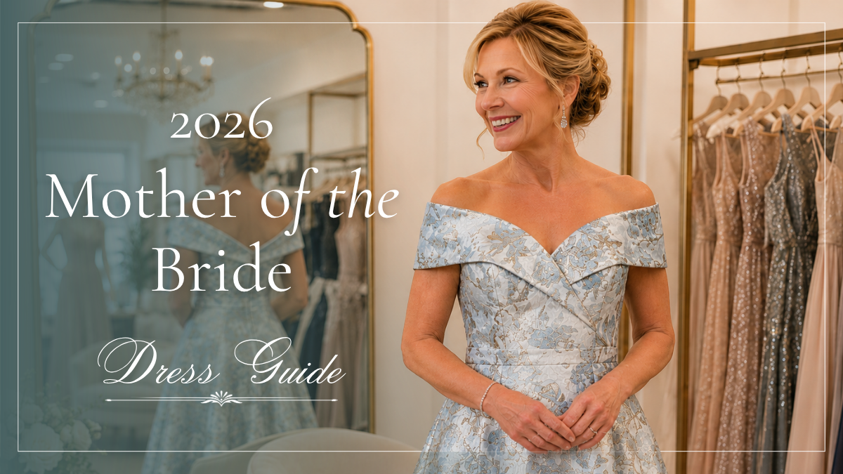 Mother of the bride dress guide 2026 featuring a blue floral off-the-shoulder formal gown in a boutique showroom with evening dresses and bridal occasion wear.