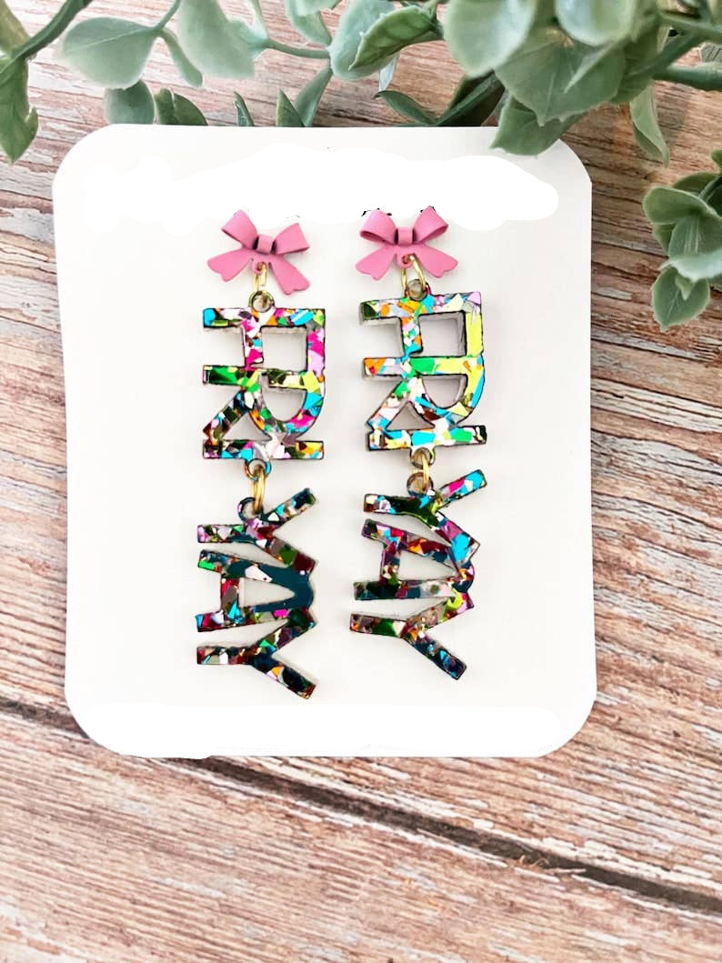 Confetti Acrylic Teacher Earrings: Pink Bow Studs, "Fri Yay" Style