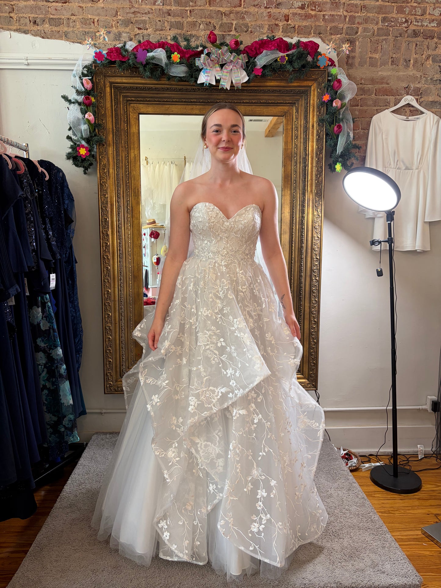 Strapless Floral Lace Tiered Ball Gown Wedding Dress – Arctic White/Ivory | Size 2