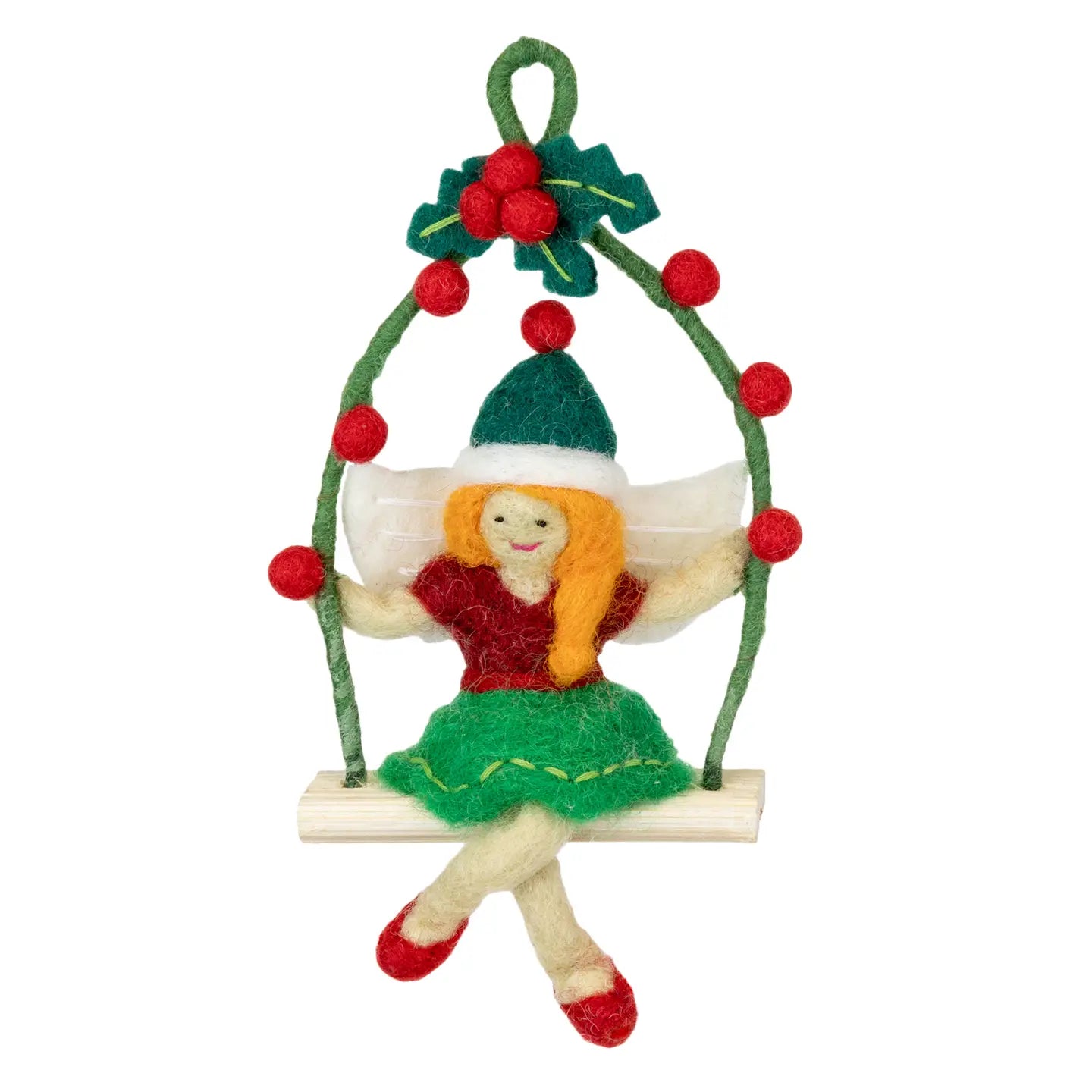 Fair Trade Holly Fairy Swing Ornament | Hand-Felted Wool | 6"