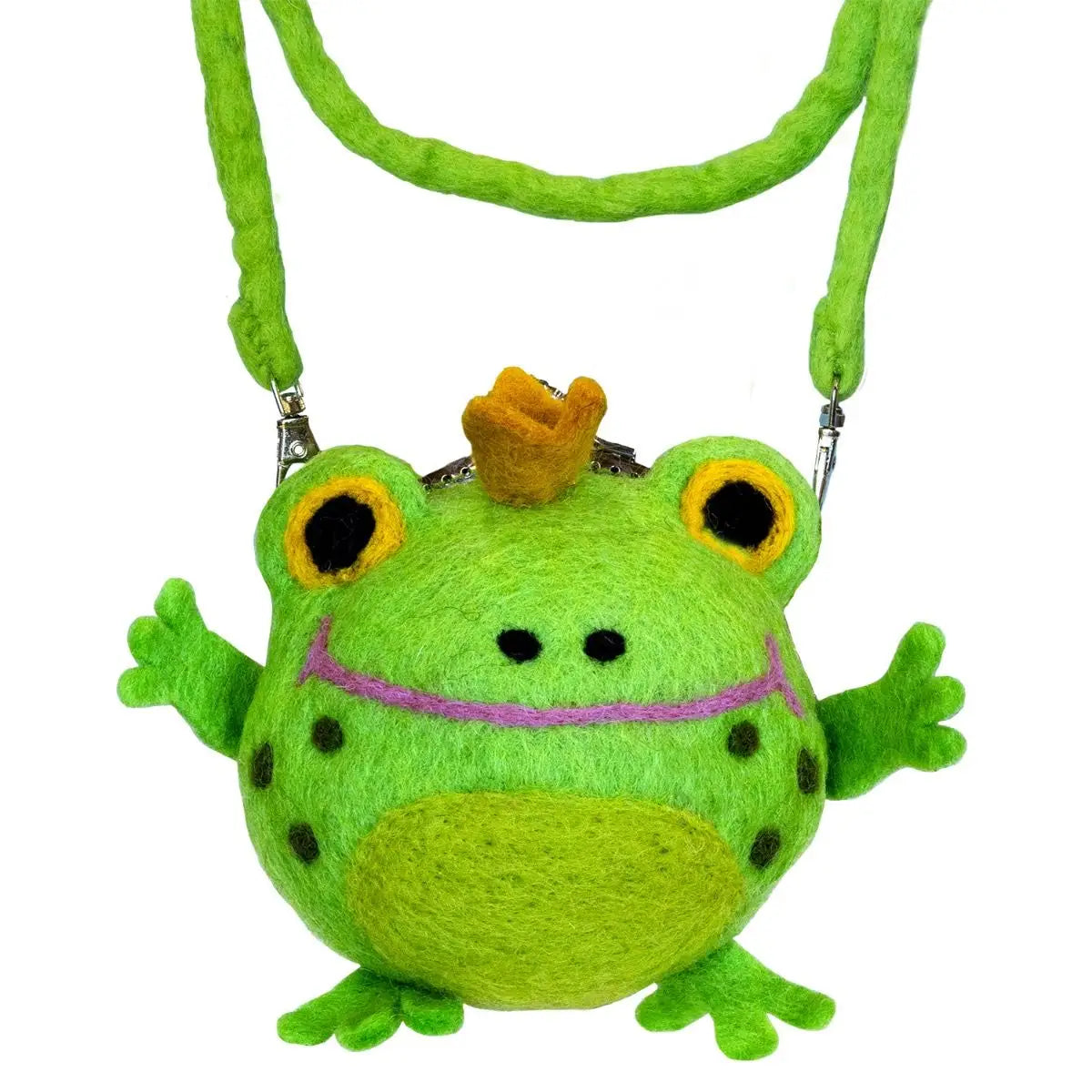 Wild Woolies Frog Critter Purse with Crown | Felt Wool Crossbody | 48" Strap