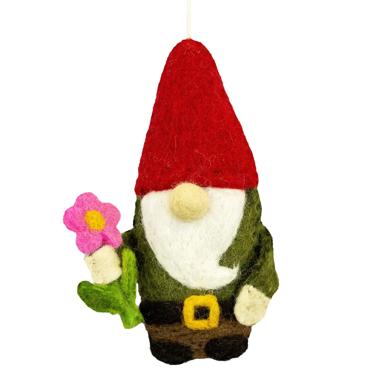 Fair Trade Felt Forest Gnome Ornament with Flower | Handmade in Nepal | 5.75"