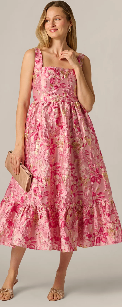 Metallic Floral Jacquard Ruffle Midi Dress – Pink Multi | Size 8 | Adrianna Papell