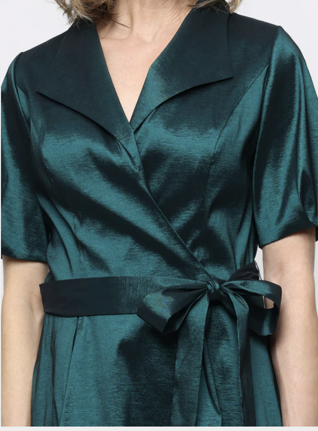 Surplice Neckline Midi Dress with Bubble Hem Sleeves, Size 10