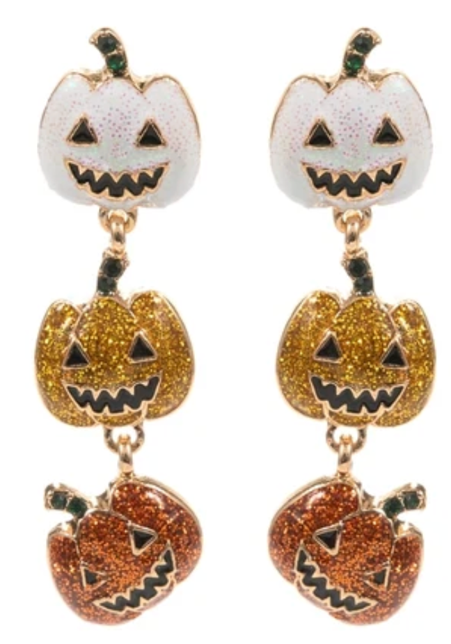 Glitter Jack-O'-Lantern Trio Drop Earrings
