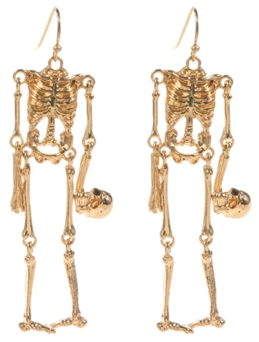 Gold Skeleton Holding Skull Drop Earrings