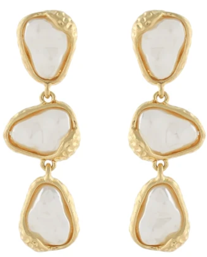 Gold Hammered Three-Stone Linear Drop Earrings