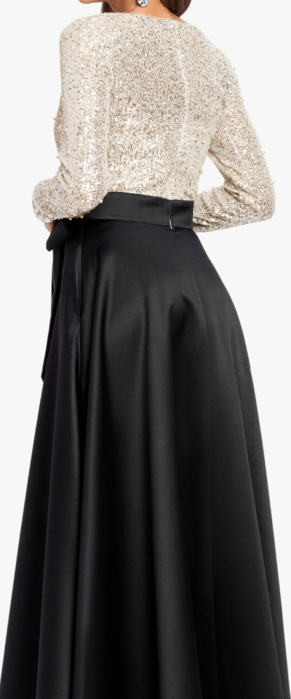 Sequin Bodice Satin Skirt Gown | Long Sleeve Evening Dress, Size 12