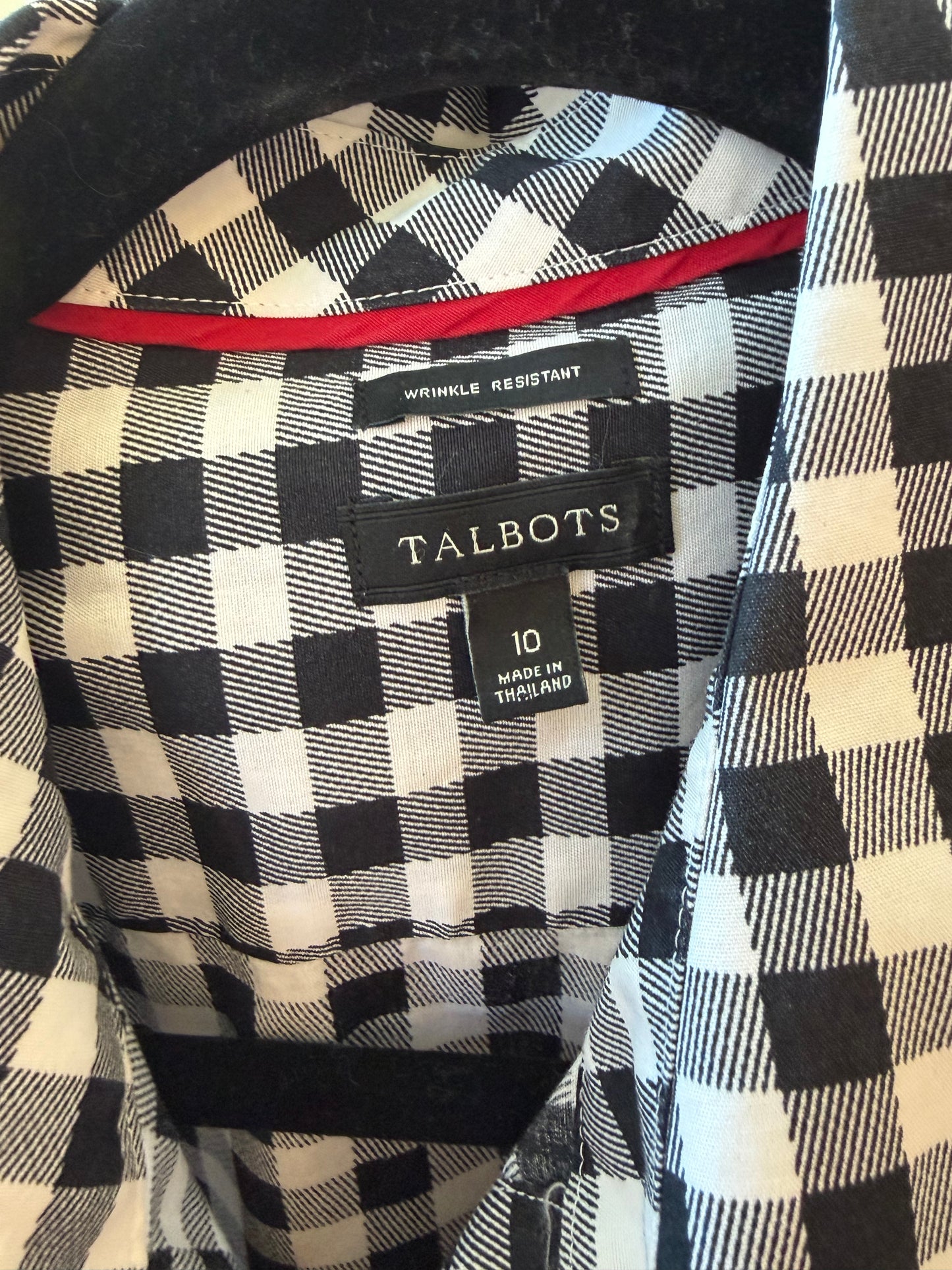 Talbots size 10 label inside a black and white gingham shirt with red inner neckline trim.