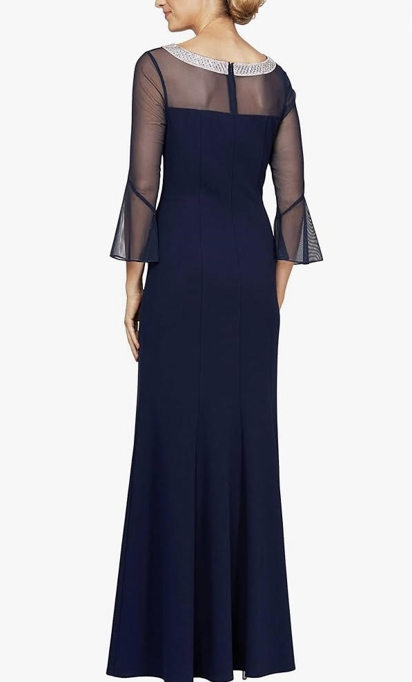 Alex Evenings Navy Chiffon Gown with Bell Sleeves and Rhinestone Swoop Neckline - Size 6