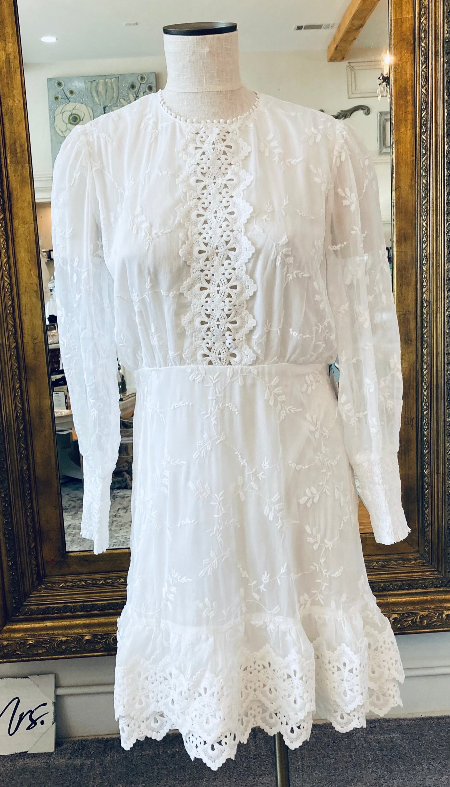 Minuet White Long Sleeve Mini Dress with Floral Lace Design - Perfect Bridal Brunch Dress