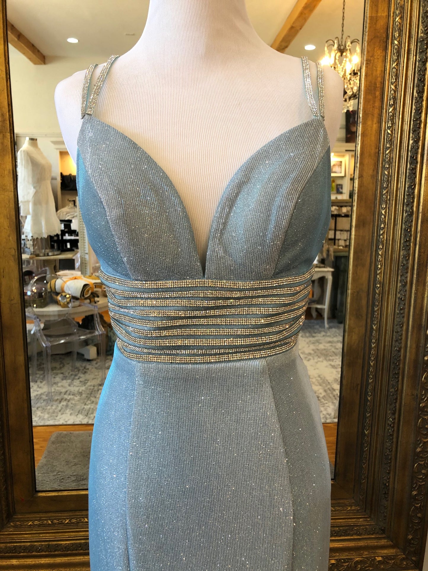 Alyce Paris Blue Diamond Sparkle Sequin Gown with Attached Belt - V-Neck Long Formal Dress - Size 2