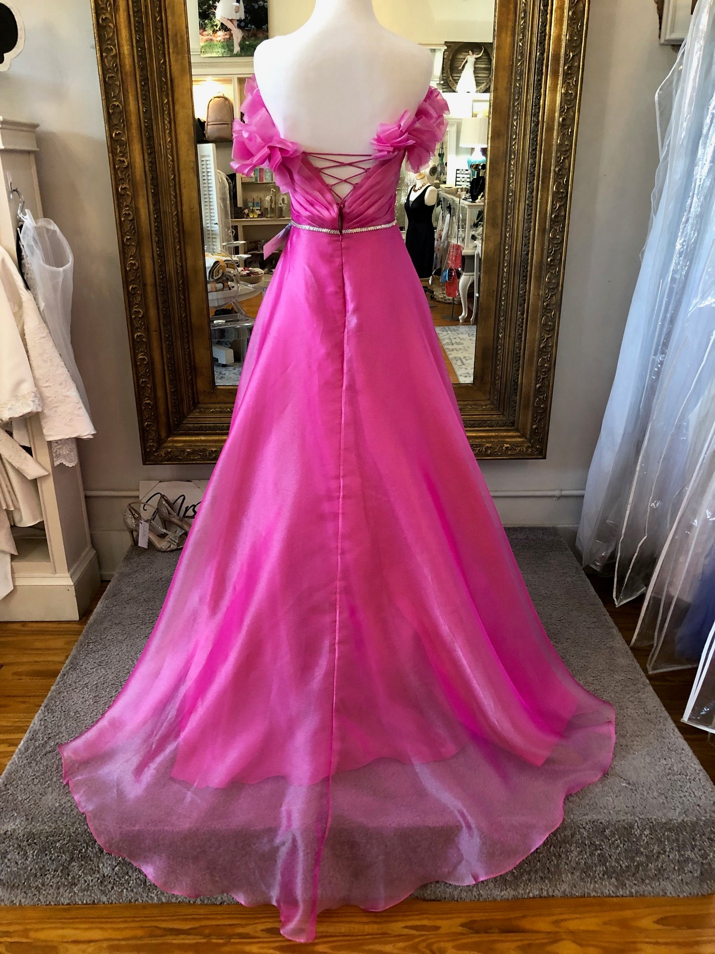 Alyce Paris Fuchsia Shimmering Ball Gown with Off Shoulder Ruffles and Beaded Waistband - Size 2