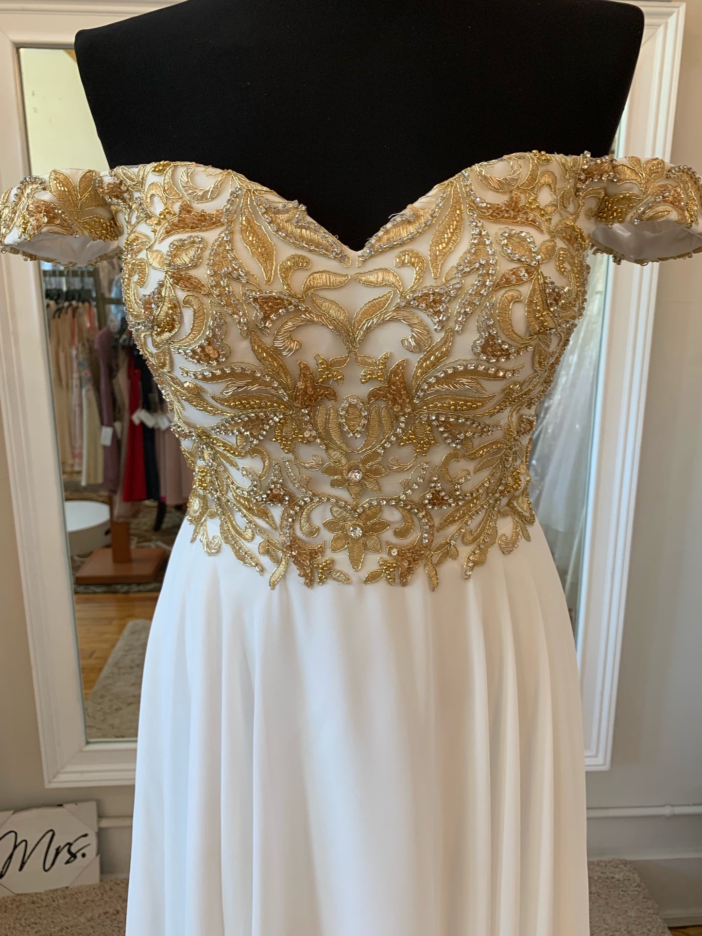 Alyce White Chiffon Off the Shoulder Dress with Gold Beaded Bodice, Size 2