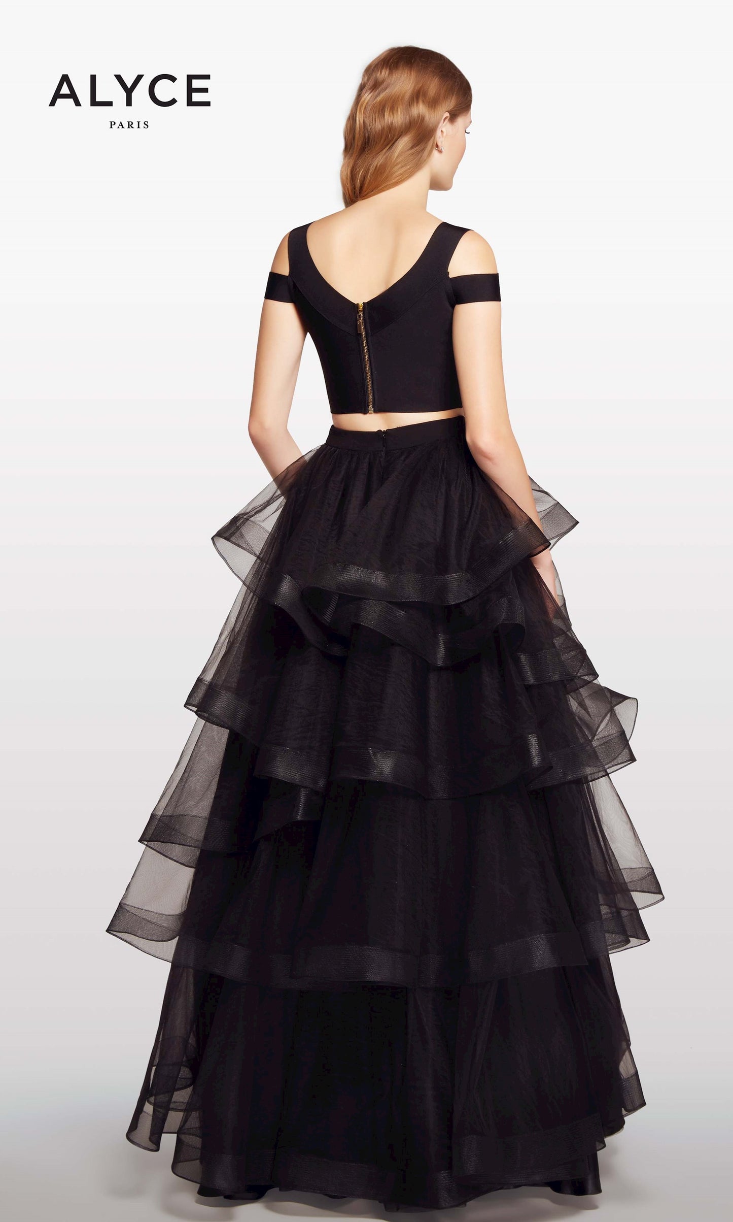 Alyce Paris Starry Night Two-Piece Prom Dress - Black Cold Shoulder Long Gown with Ruffled Skirt - Size Small