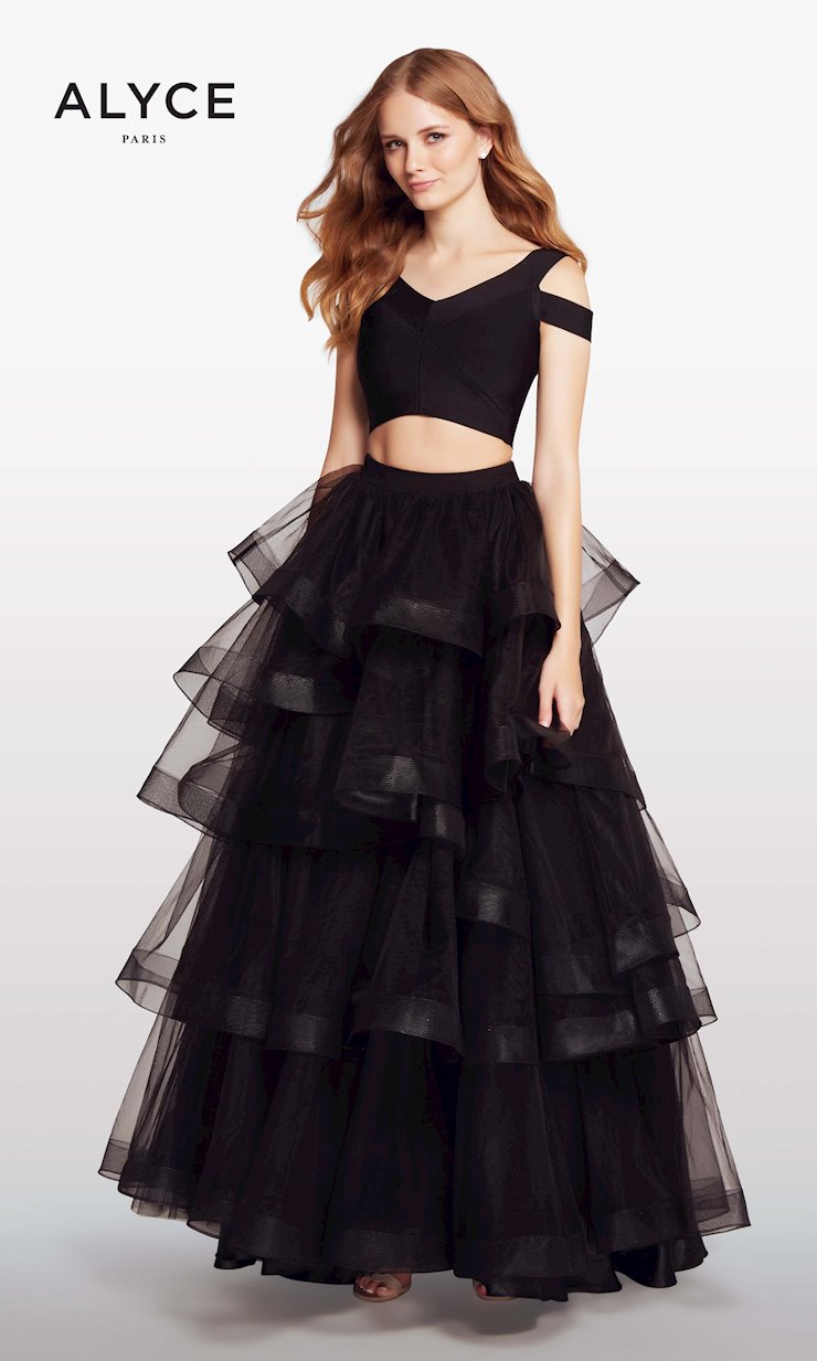 Alyce Paris Starry Night Two-Piece Prom Dress - Black Cold Shoulder Long Gown with Ruffled Skirt - Size Small Alyce Paris Starry Night Two-Piece Prom Dress - Black Cold Shoulder Long Gown with Ruffled Skirt - Size Small