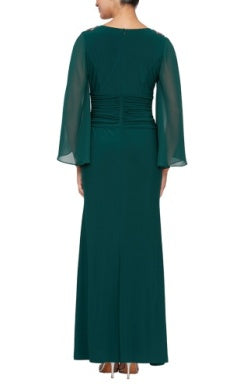 SLNY Evergreen Elegance Pine Green V Neck Ruched A Line Gown with Illusion Sleeves, Size 8