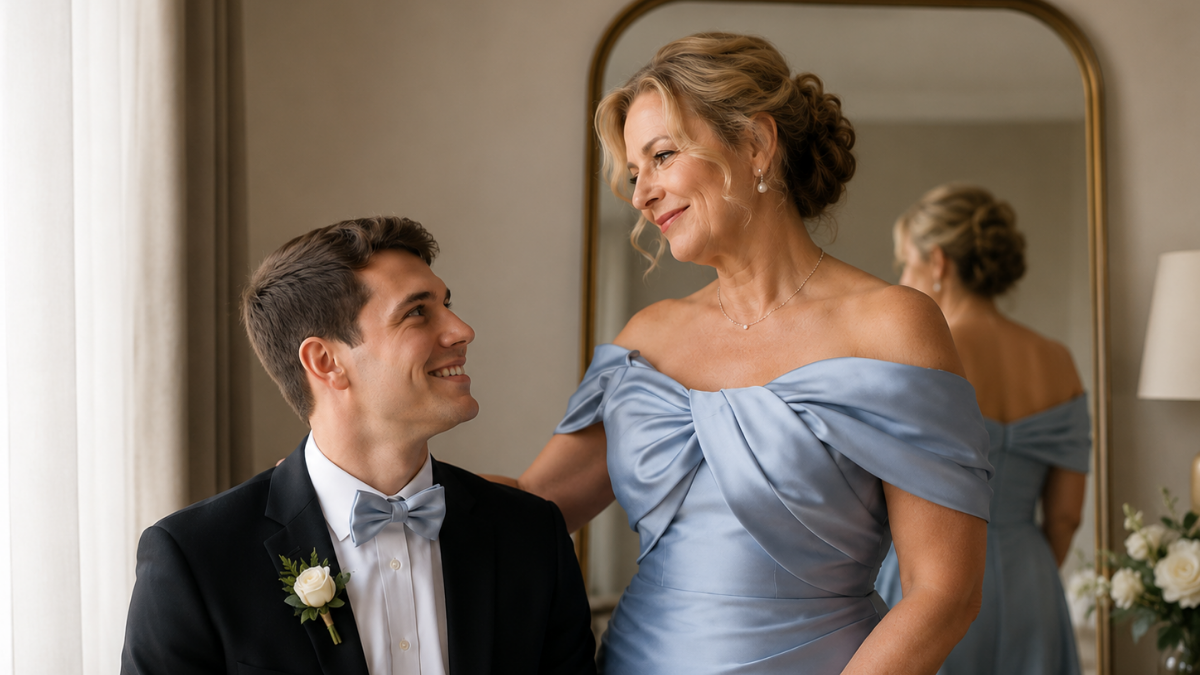 Mother of the groom and groom smiling at each other before the wedding, featuring an elegant blue mother-of-the-groom dress and neutral wedding styling.