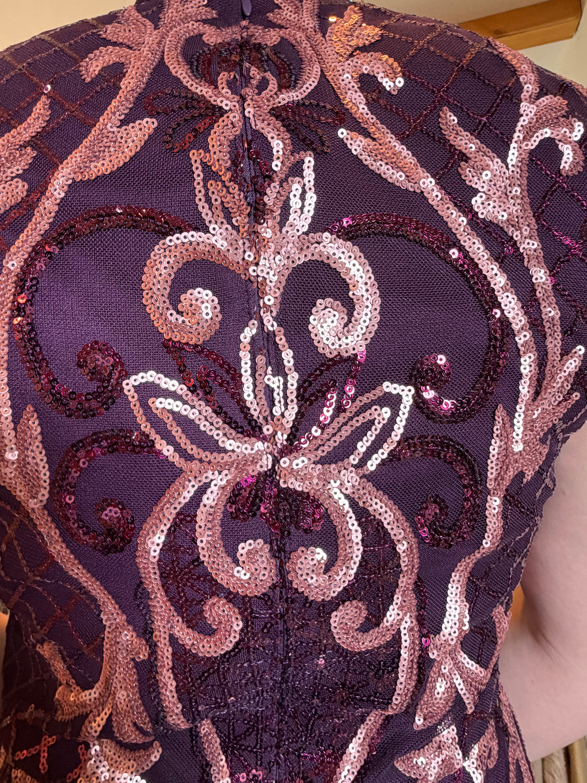 Betsy & Adam Wine and Rose Sequin Embroidered Mock Neck Evening Gown with Cap Sleeves, Size 8