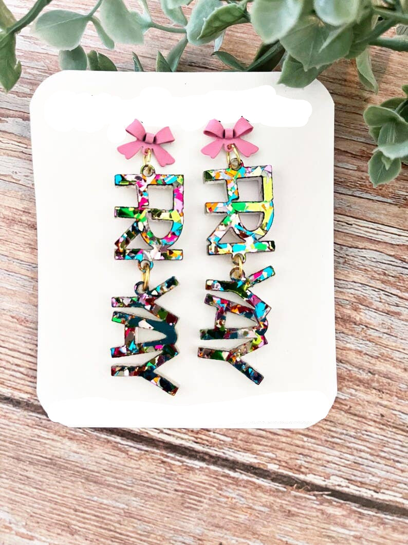Confetti Acrylic Teacher Earrings: Pink Bow Studs, 