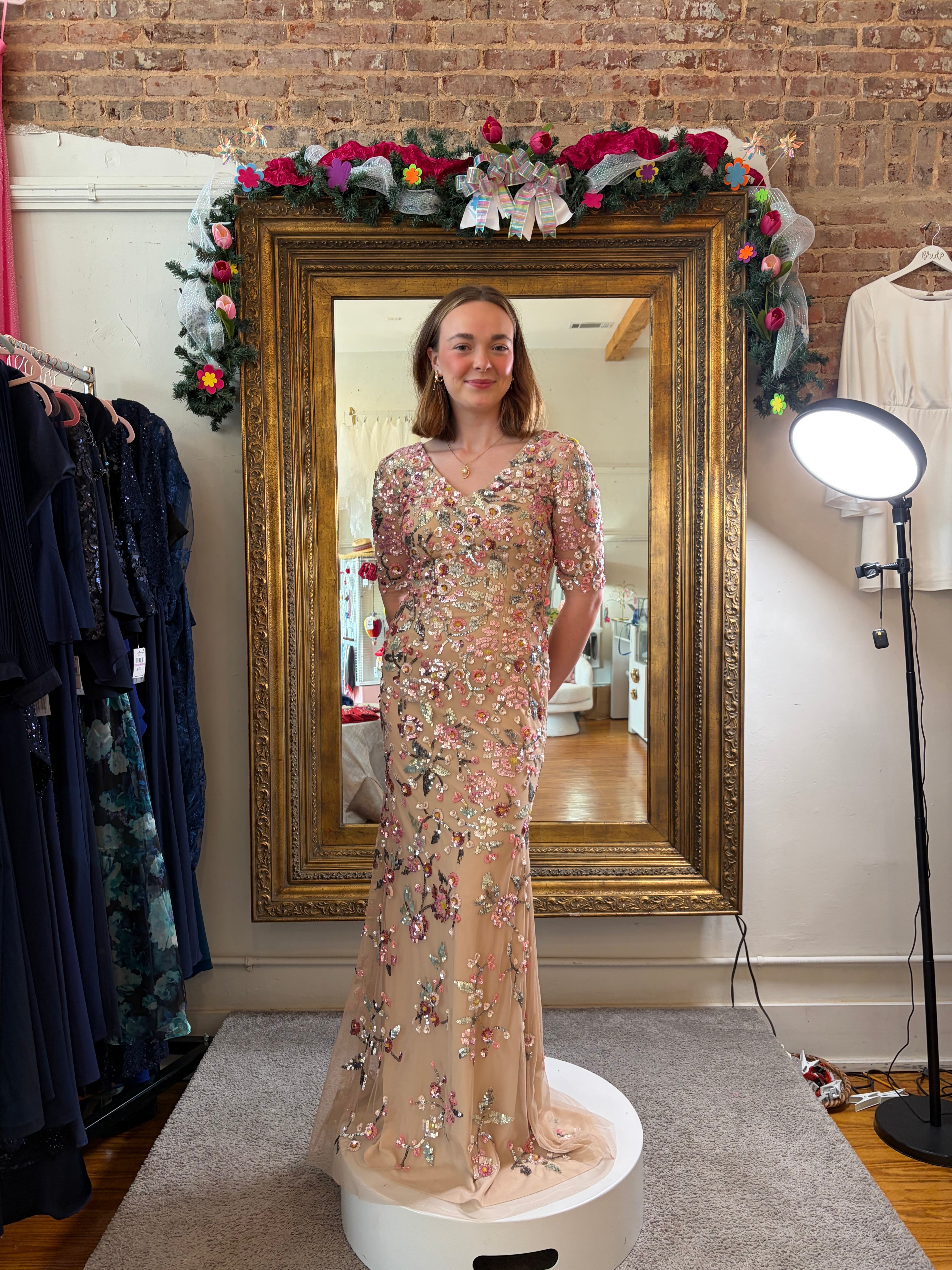 Alyce Paris Floral Sequin Beaded Gown – Nude/Multi | Size 2 | Formal