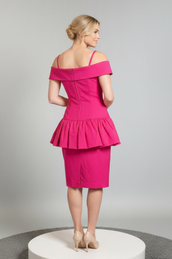 Vintage Lillie Rubin Hot Pink Off-Shoulder Peplum Dress with Boning & Original Brooch
