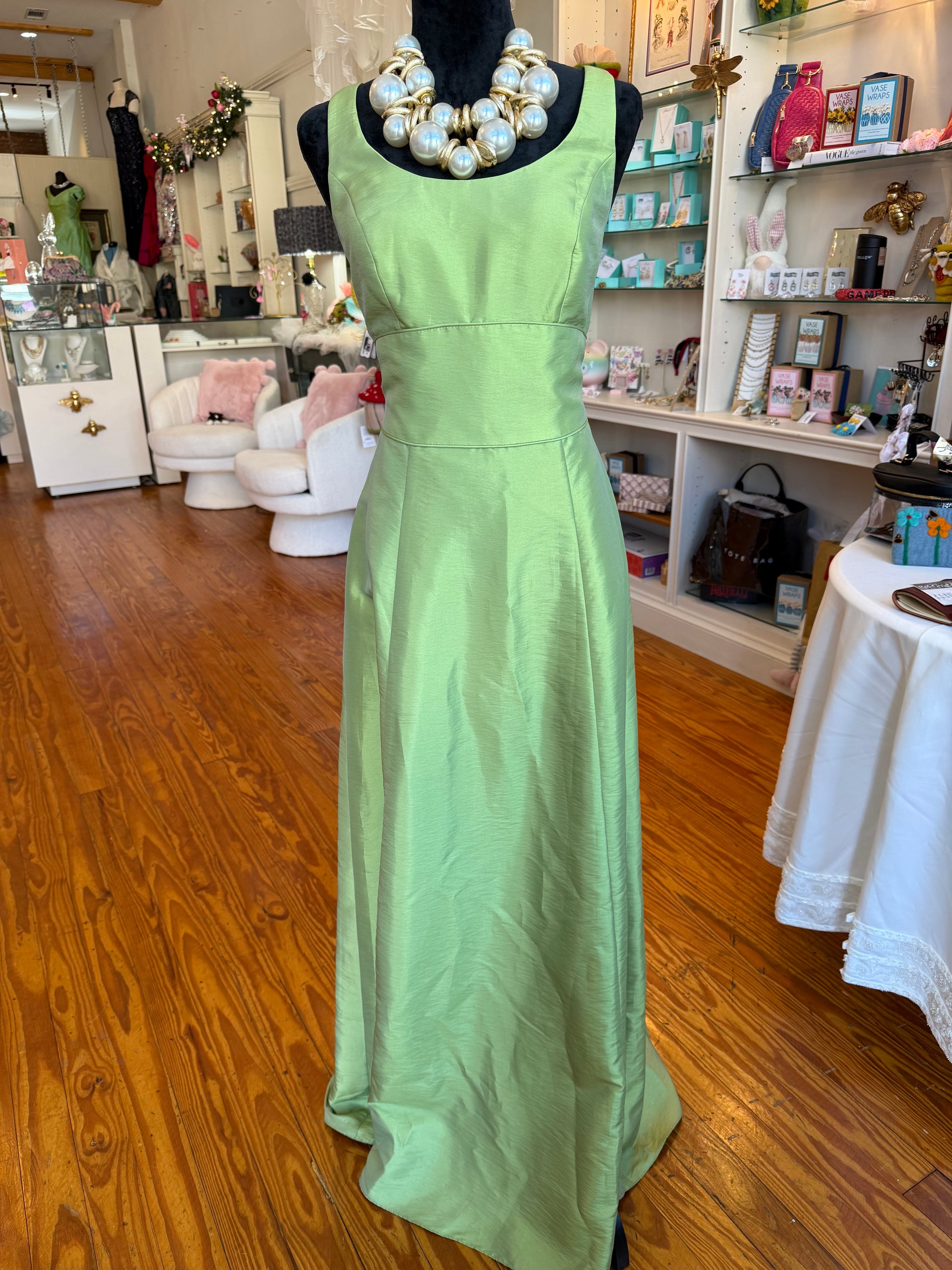 Mori Lee preloved apple green iridescent taffeta A-line gown, size 14