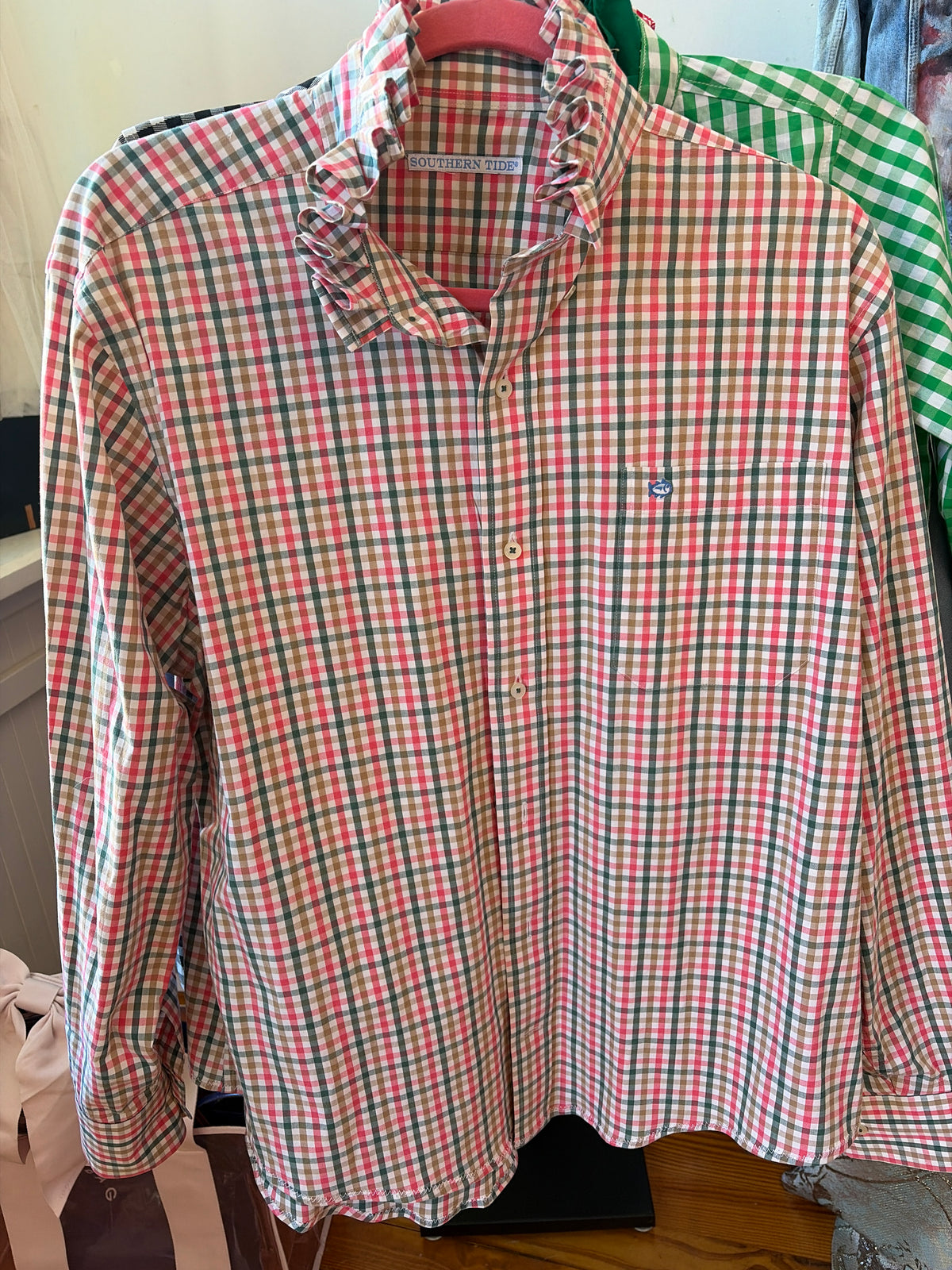 Southern Tide Plaid Oxford Shirt – Upcycled Ruffle Collar | Size Large