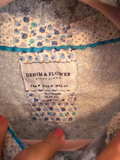 Denim & Flower Ruffle-Neck Button-Up in Blue Floral