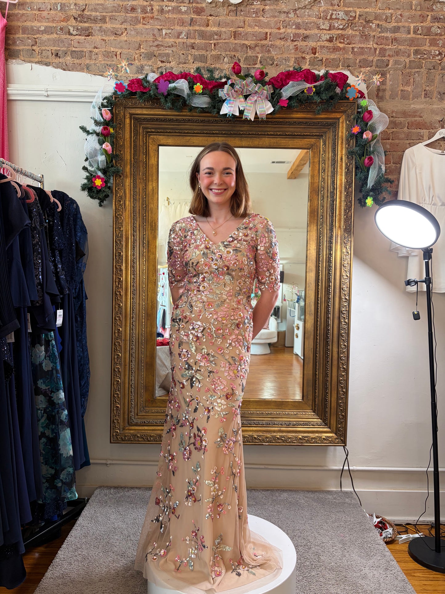 Alyce Paris Floral Sequin Beaded Gown – Nude/Multi | Size 2 | Formal