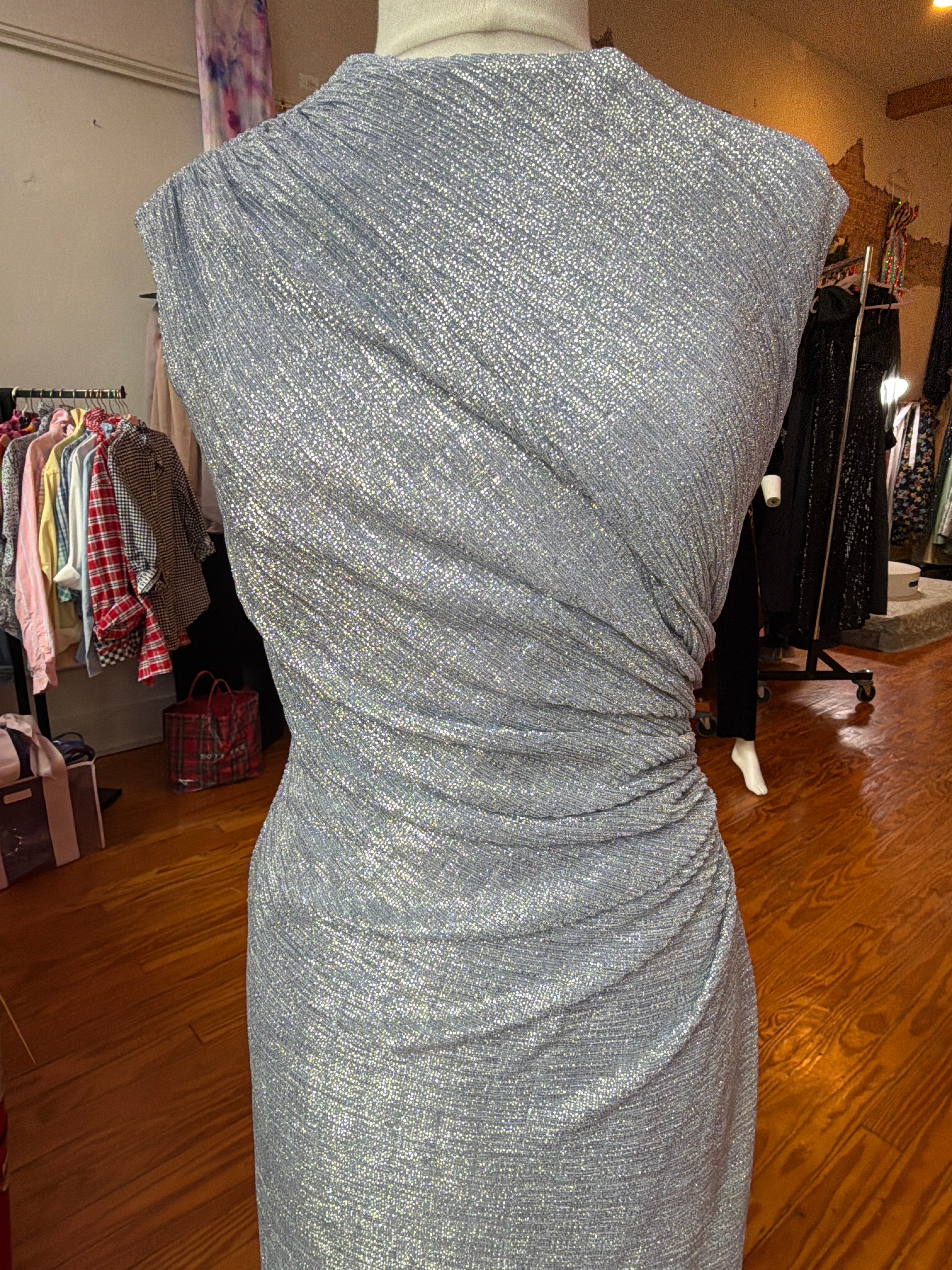 Betsy & Adam Periwinkle Metallic Mock Neck Evening Gown with Ruched Waist, Size 8