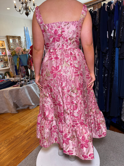 Metallic Floral Jacquard Ruffle Midi Dress – Pink Multi | Size 8 | Adrianna Papell