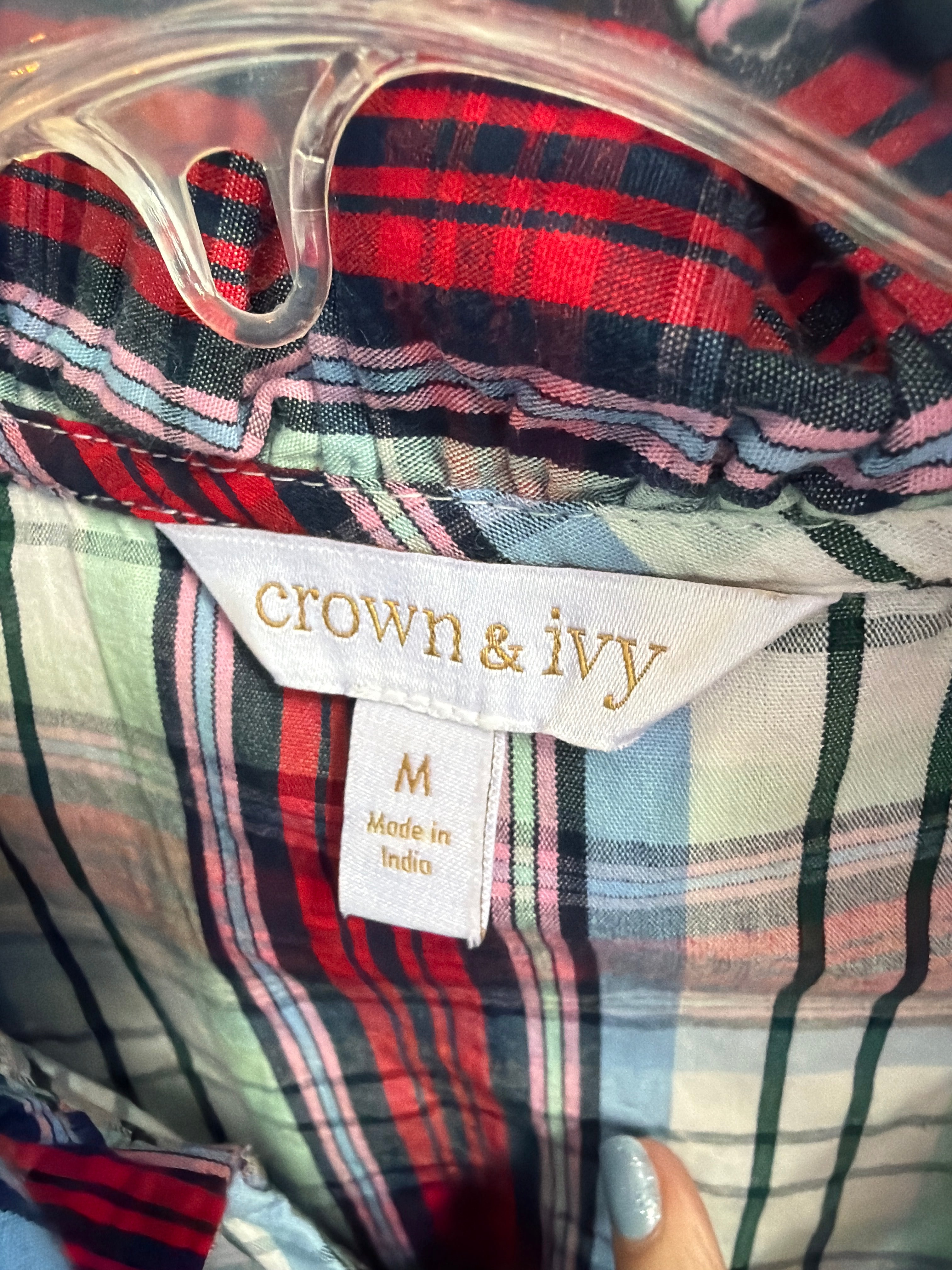 Upcycled plaid shirt with ruffled statement sleeves, reworked one of a kind, at Dover Grace Boutique in Watkinsville, Georgia.