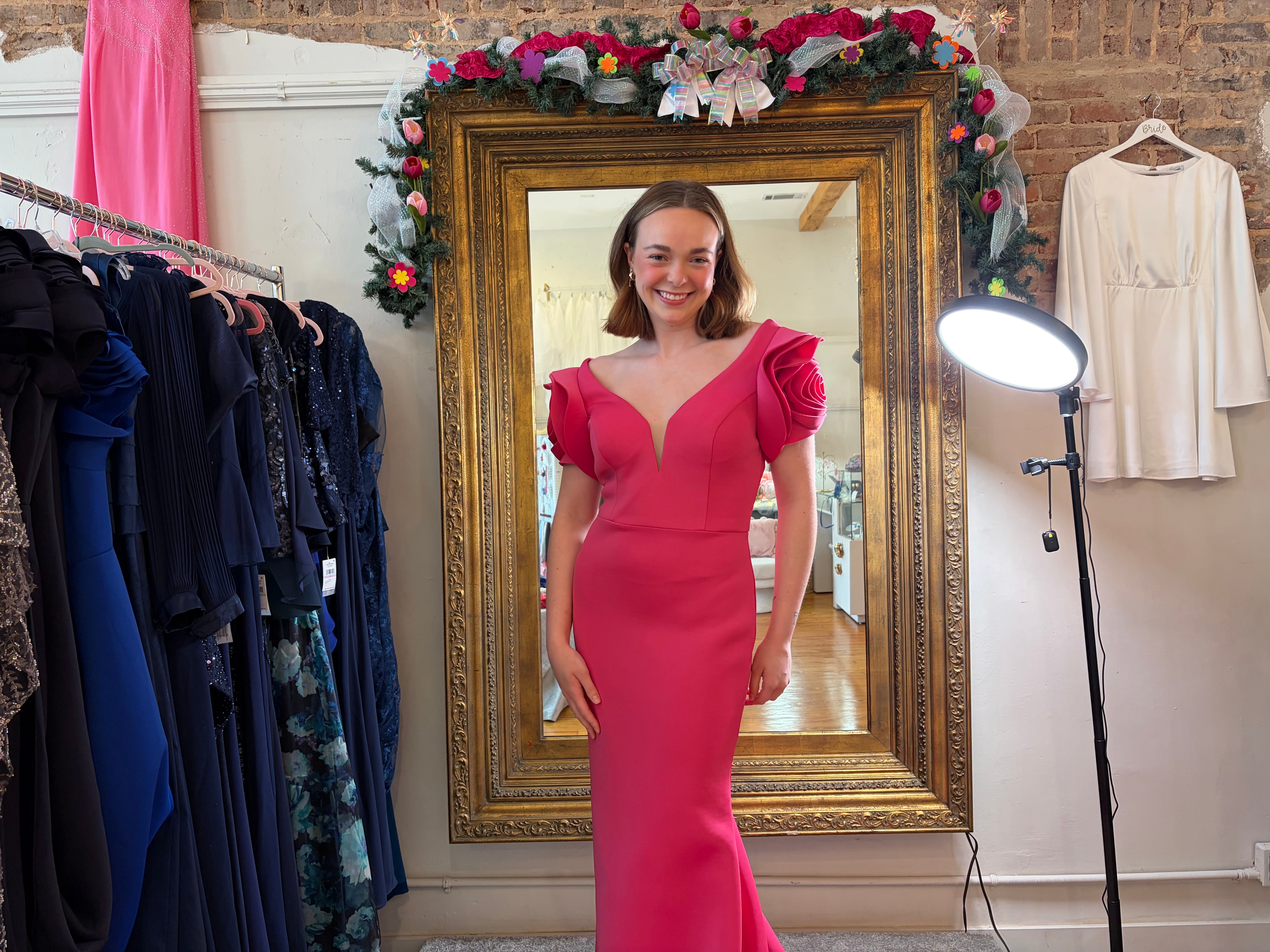 Hot Pink Scuba Mermaid Prom Gown by Alyce with Floral Puff Sleeves – Size 8