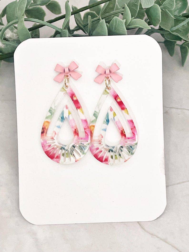 Floral Teardrop Dangle Earrings: Pink Bow Accent