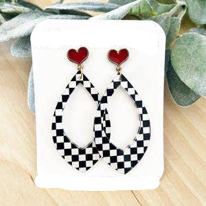 Checkered Dangle Earrings: Black and White Acrylic, Red heart studs