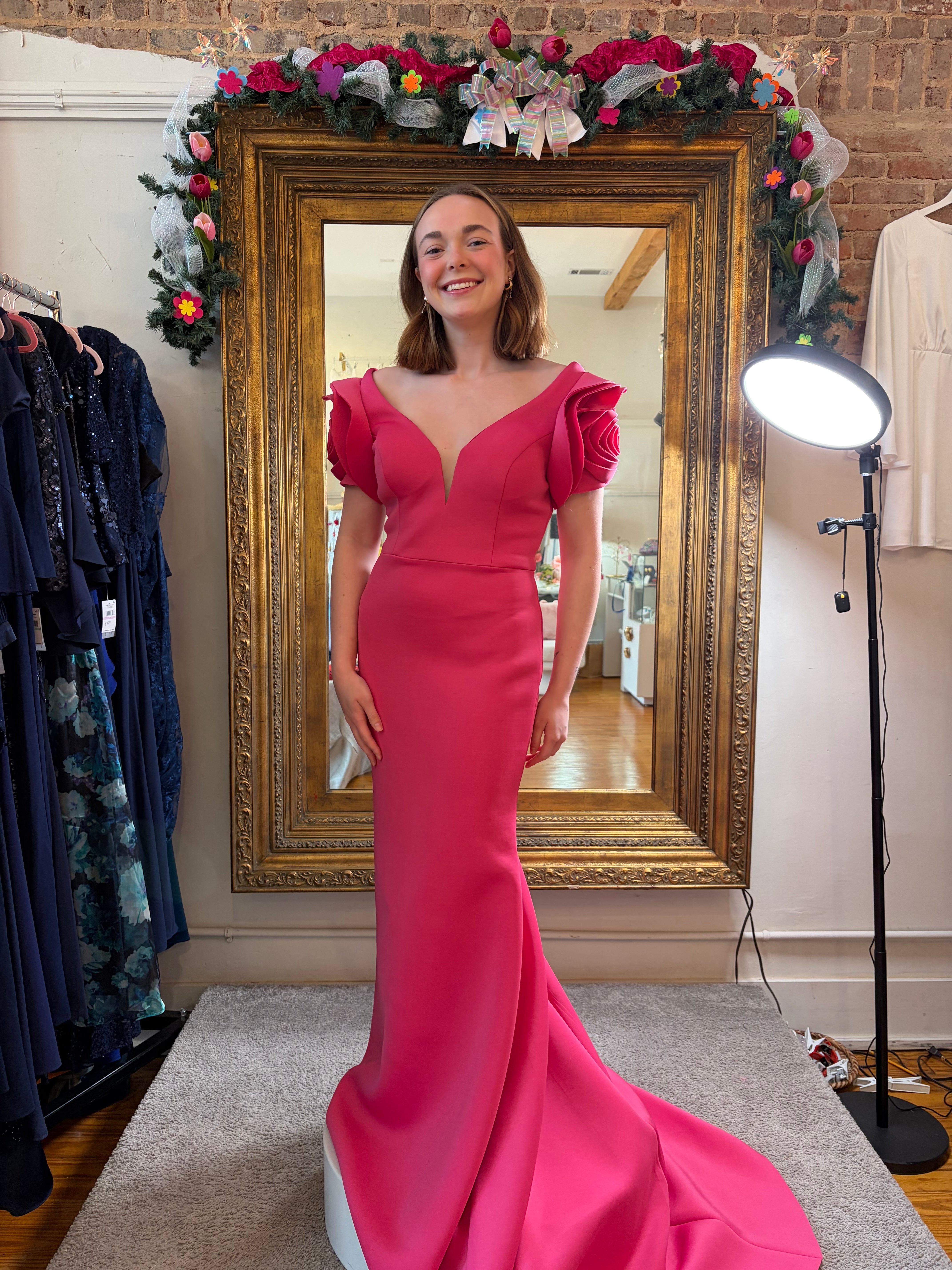 Hot Pink Scuba Mermaid Prom Gown by Alyce with Floral Puff Sleeves – Size 8