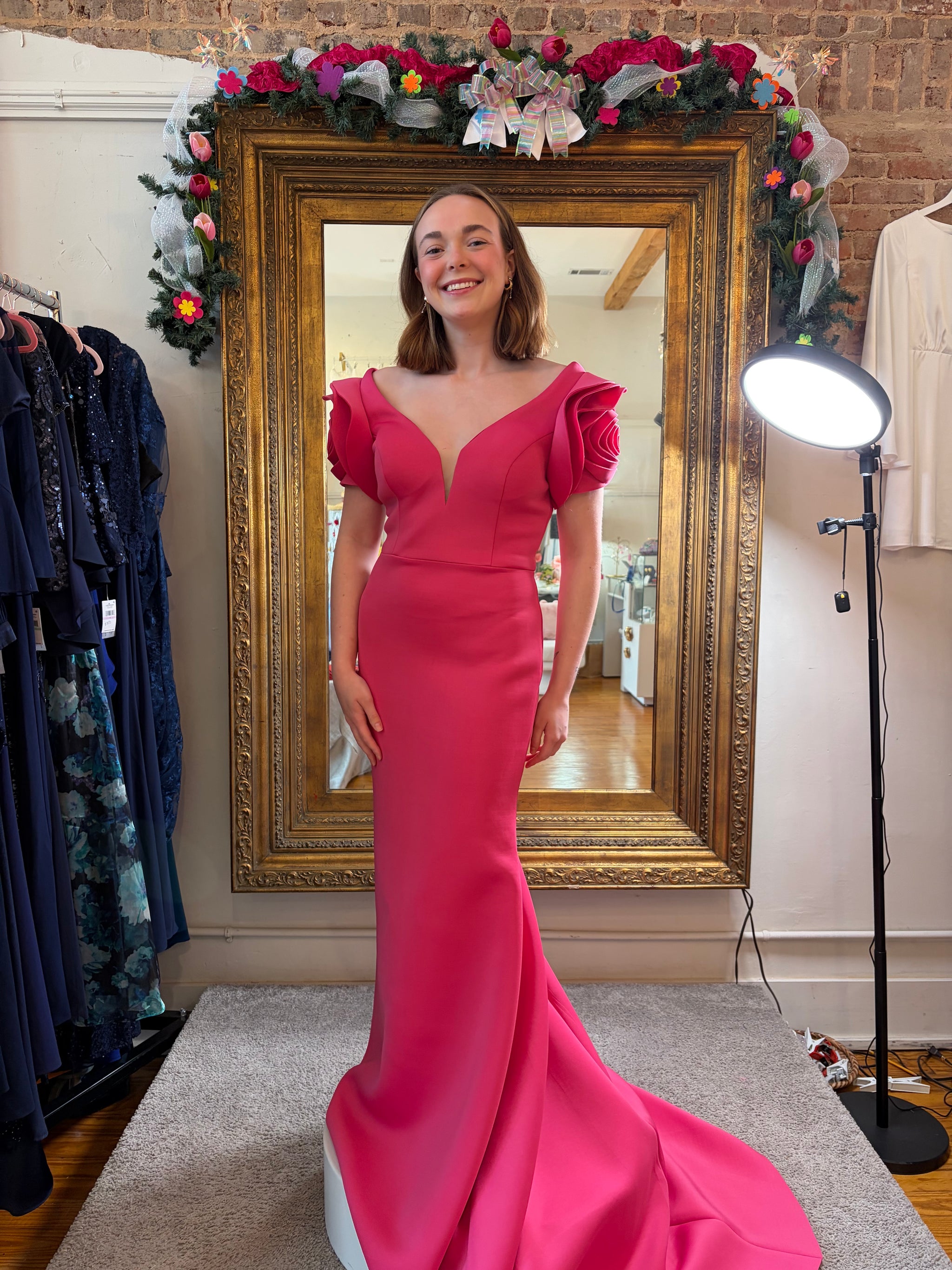 Hot Pink Scuba Mermaid Prom Gown by Alyce with Floral Puff Sleeves – Size 8