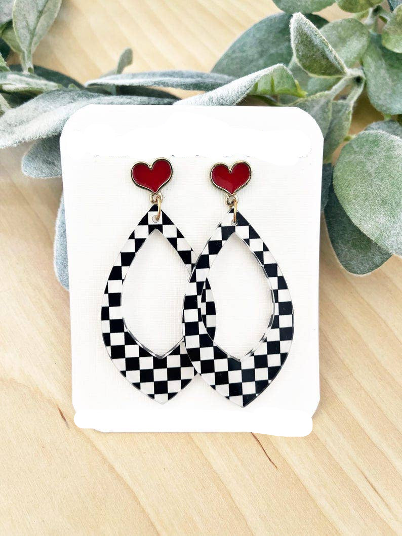 Checkered Dangle Earrings: Black and White Acrylic, Red heart studs