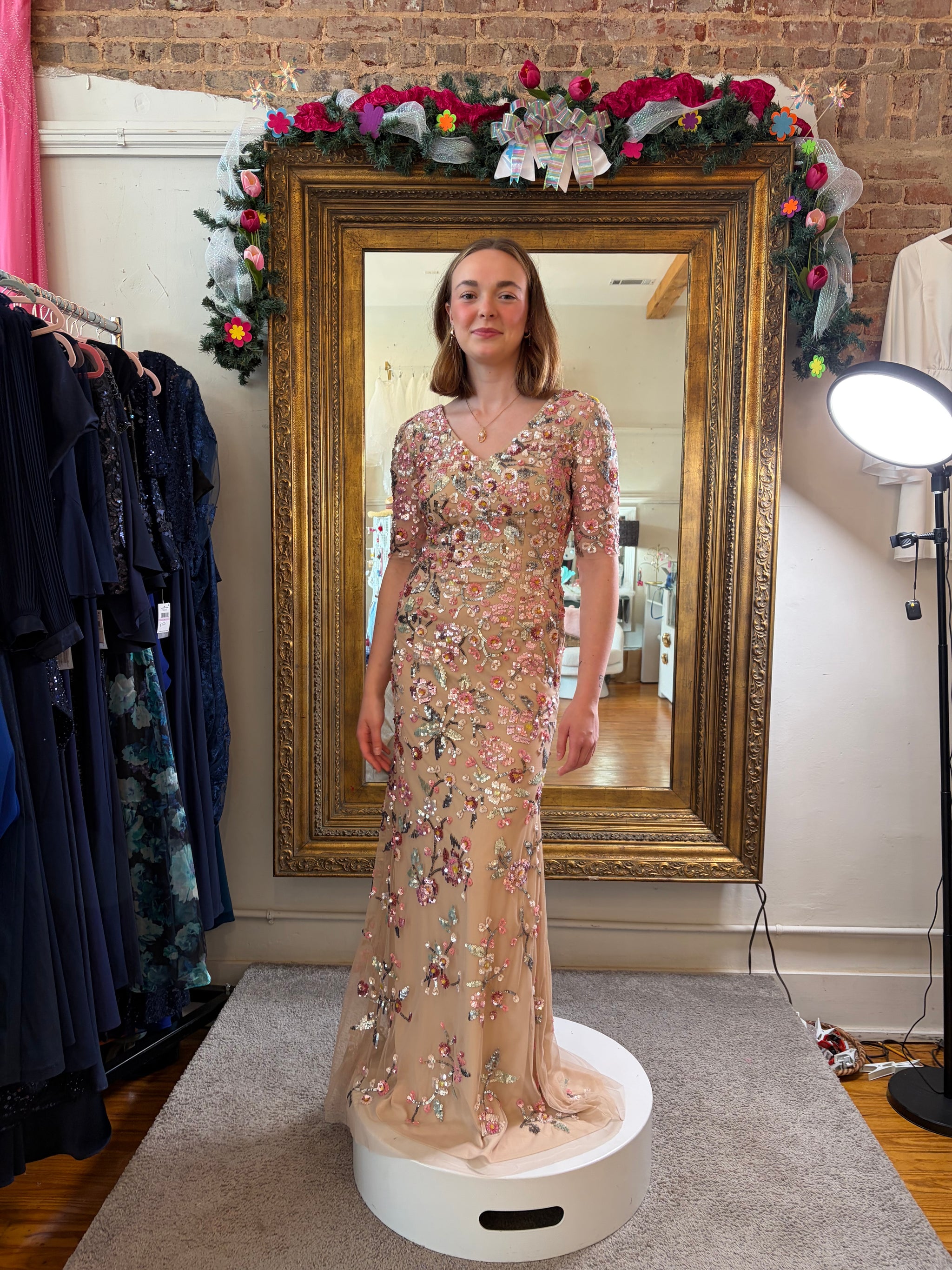 Alyce Paris Floral Sequin Beaded Gown – Nude/Multi | Size 2 | Formal