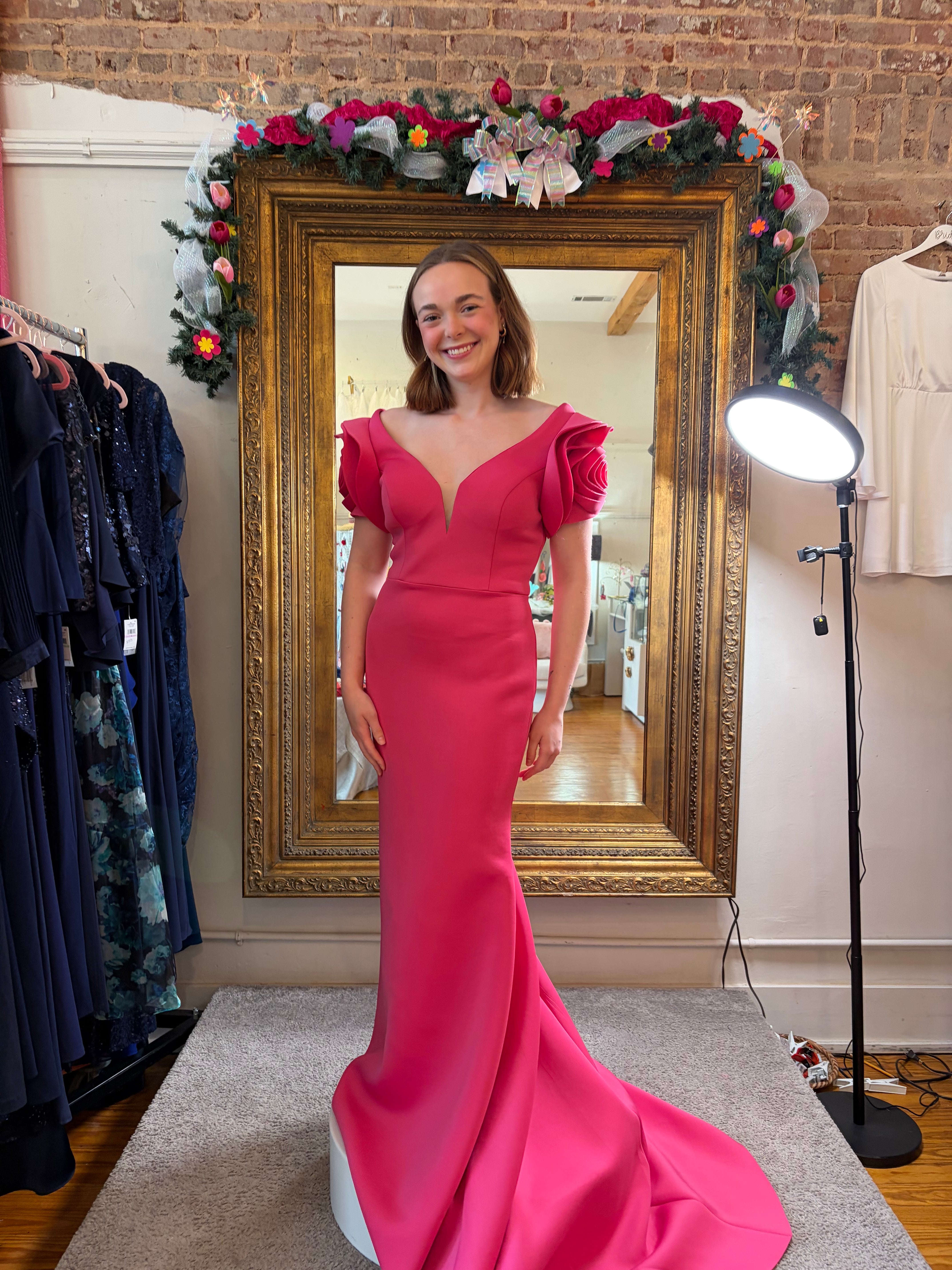 Hot Pink Scuba Mermaid Prom Gown by Alyce with Floral Puff Sleeves – Size 8