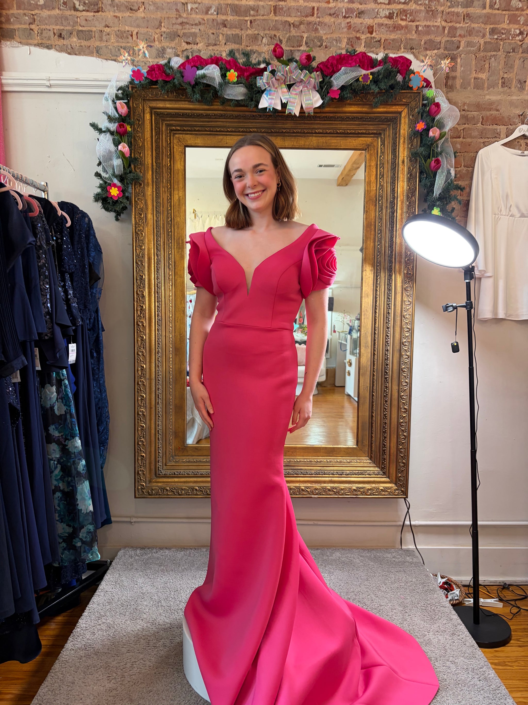 Hot Pink Scuba Mermaid Prom Gown by Alyce with Floral Puff Sleeves – Size 8