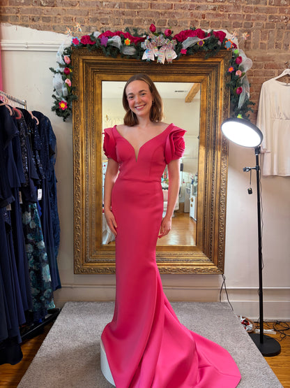 Hot Pink Scuba Mermaid Prom Gown by Alyce with Floral Puff Sleeves – Size 8