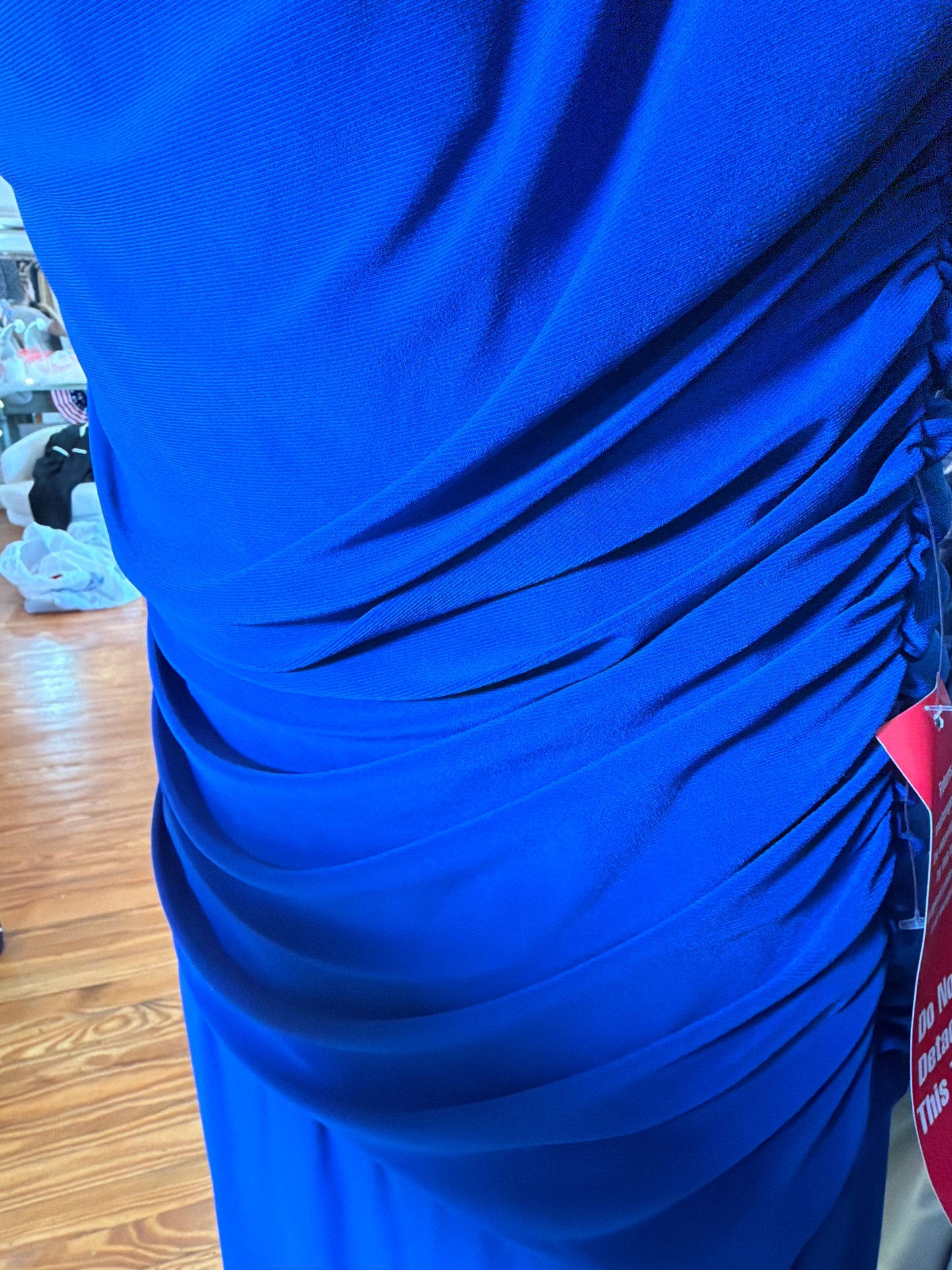 R&M Richards Royal Blue Ruched Cowl Neck Gown – V Back, Size 16W, Floor Length