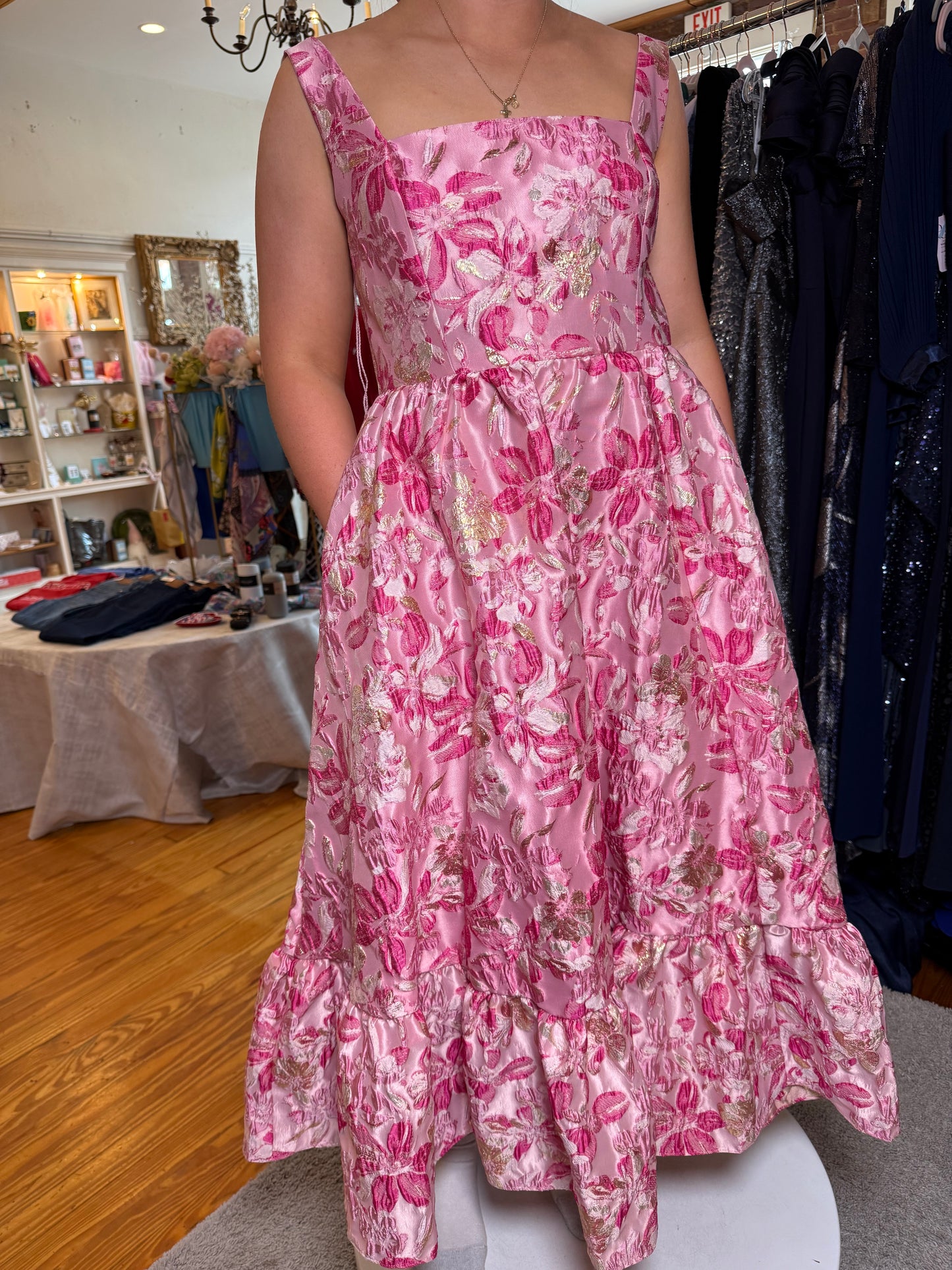 Metallic Floral Jacquard Ruffle Midi Dress – Pink Multi | Size 8 | Adrianna Papell