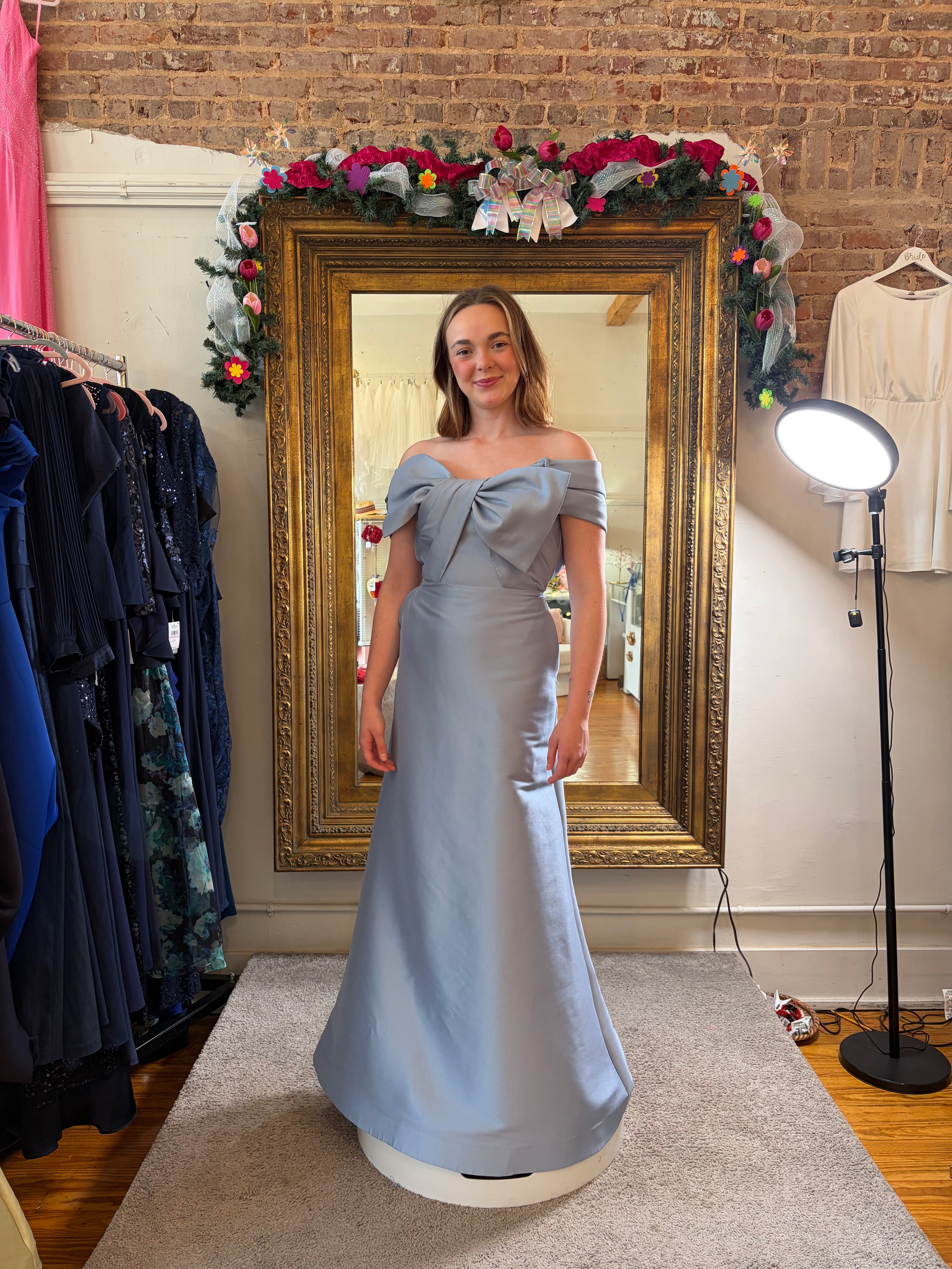 Alyce Paris Off-Shoulder Bow Accent Mermaid Gown – Dusty Blue | Size 4/6 | MOB Formal