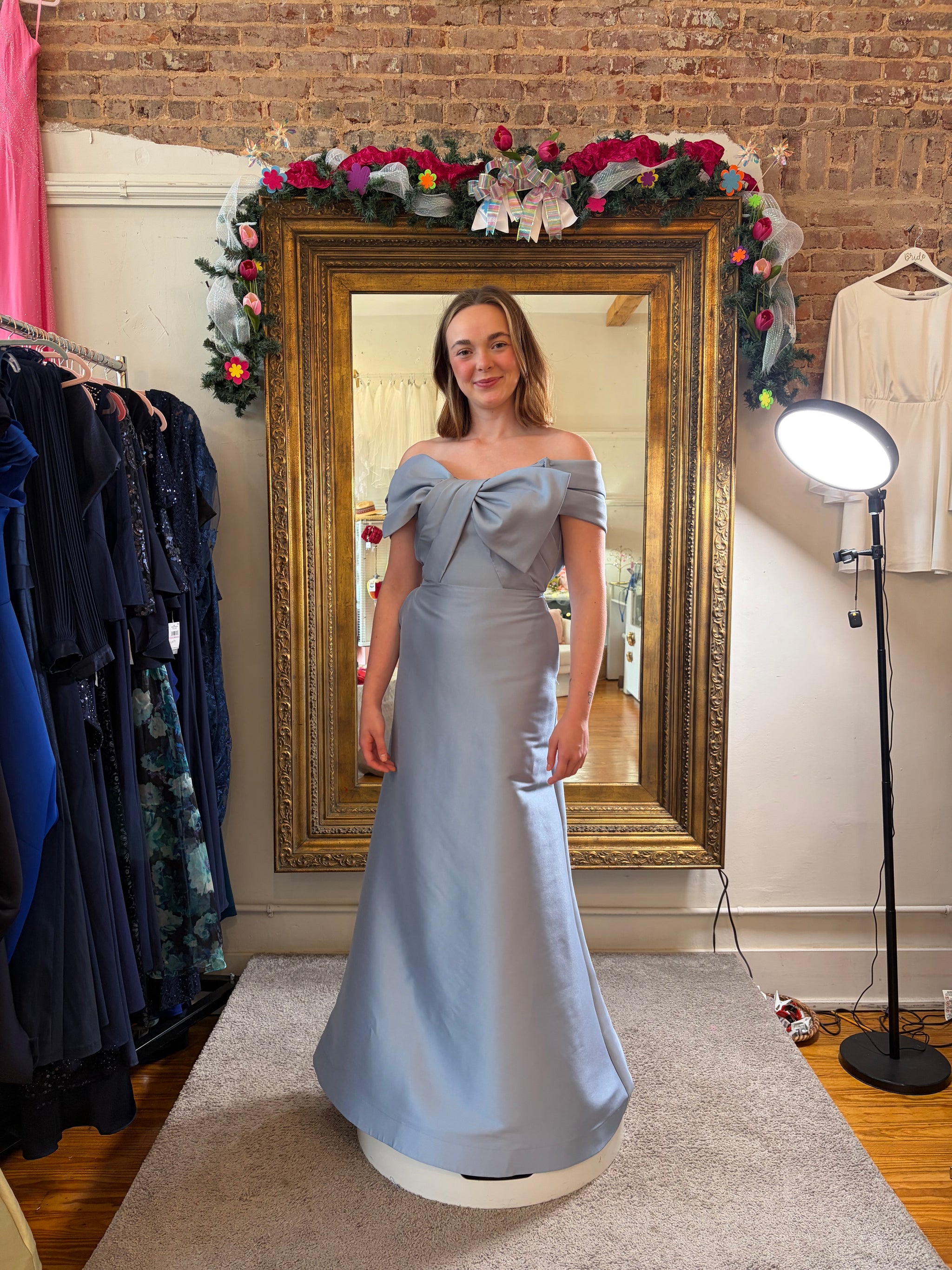 Alyce Paris Off-Shoulder Bow Accent Mermaid Gown – Dusty Blue | Size 4/6 | MOB Formal