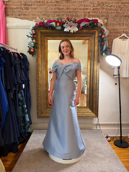 Alyce Paris Off-Shoulder Bow Accent Mermaid Gown – Dusty Blue | Size 4/6 | MOB Formal