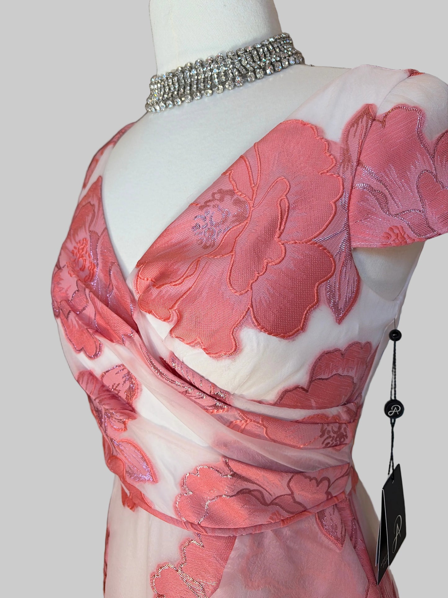 Adrianna Papell size 6 coral blush floral jacquard ruffle wrap maxi dress