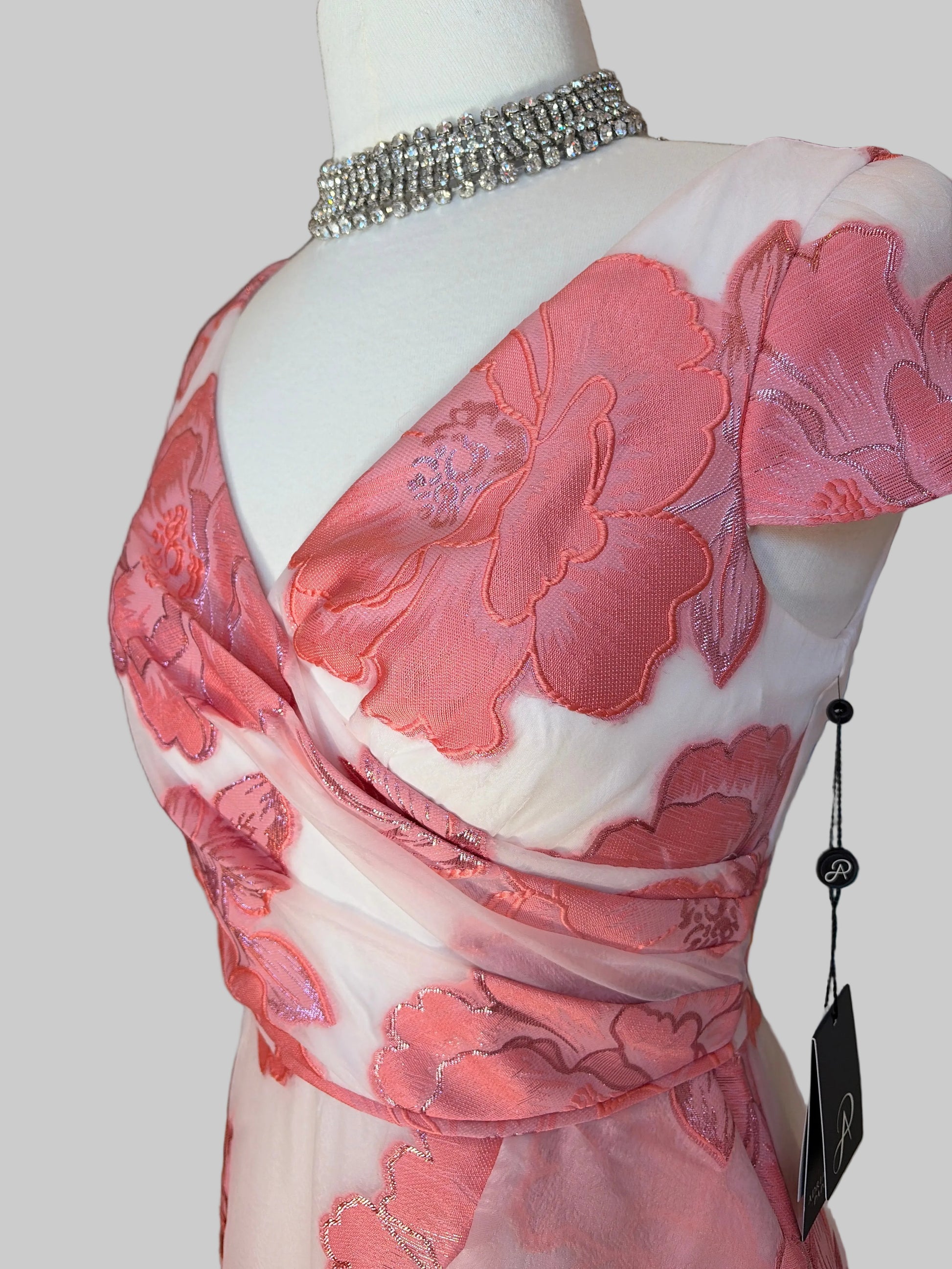 Adrianna Papell size 6 coral blush floral jacquard ruffle wrap maxi dress